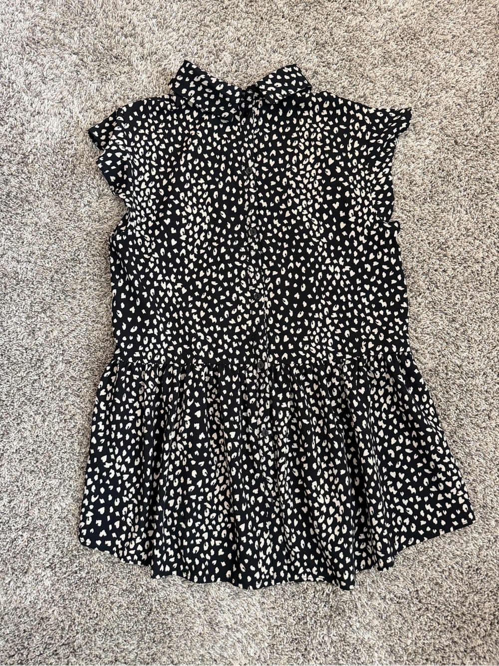Doe & Rae Black Top with White Heart Print and Peplum Hem